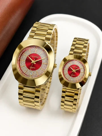 Red & Gold Couple Watches for Him &amp; Her – Luxury Matching Watch Set