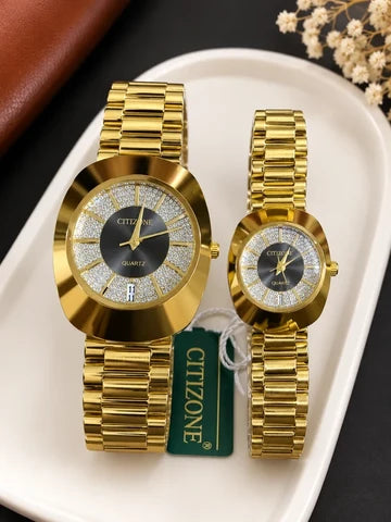 Gold Couple Watches for Him &amp; Her – Luxury Black &amp; Silver Dial Matching Watches