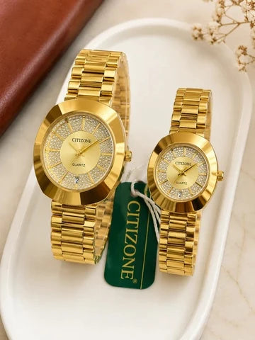 Gold Couple Watches for Him & Her – Luxury Golden Dial Matching Watch Set