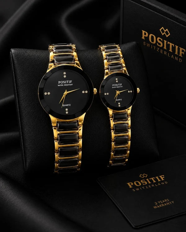 Gold Couple Watches for Him & Her – Luxury Black Dial Matching Watch Set