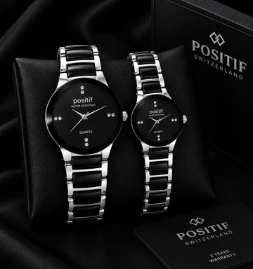 Couple Watches for Him & Her – Black & Silver Stainless Steel Watch Set