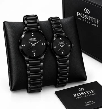 Couple Watches for Him & Her – Elegant Black Stainless Steel Matching Watches